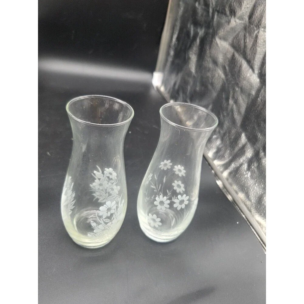Vintage Etched Lot 2 Glass Daisy Flower Vase Clear 1980s Pasabahce Turkey 7 Inch